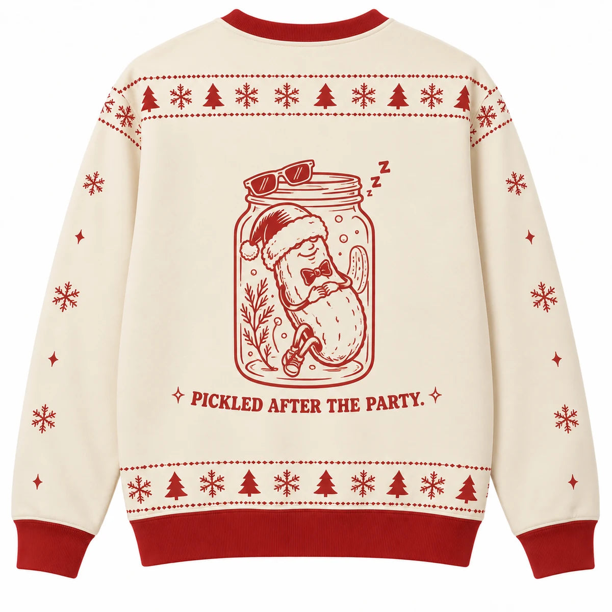 Dill the Halls Ugly Christmas Sweater - Christmas Jumper (back): pickle falls asleep in jar with party hat