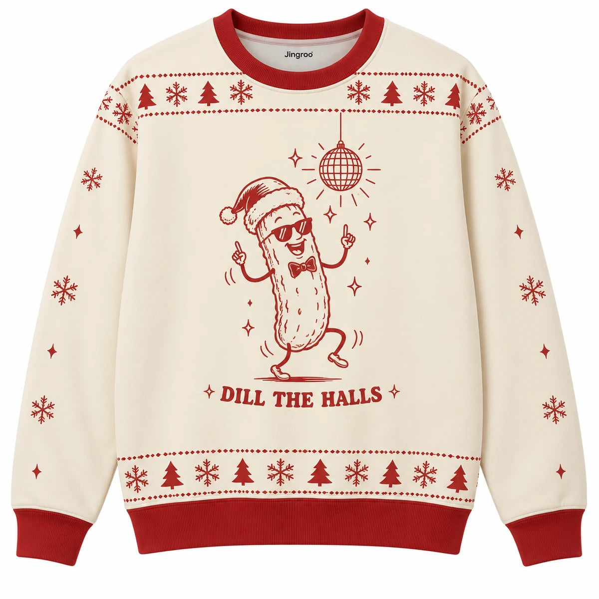 Dill the Halls Ugly Christmas Sweater - Christmas Jumper (front): pickle wearing bow tie under disco ball
