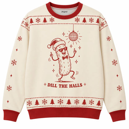 Dill the Halls Ugly Christmas Sweater - Christmas Jumper (front): pickle wearing bow tie under disco ball