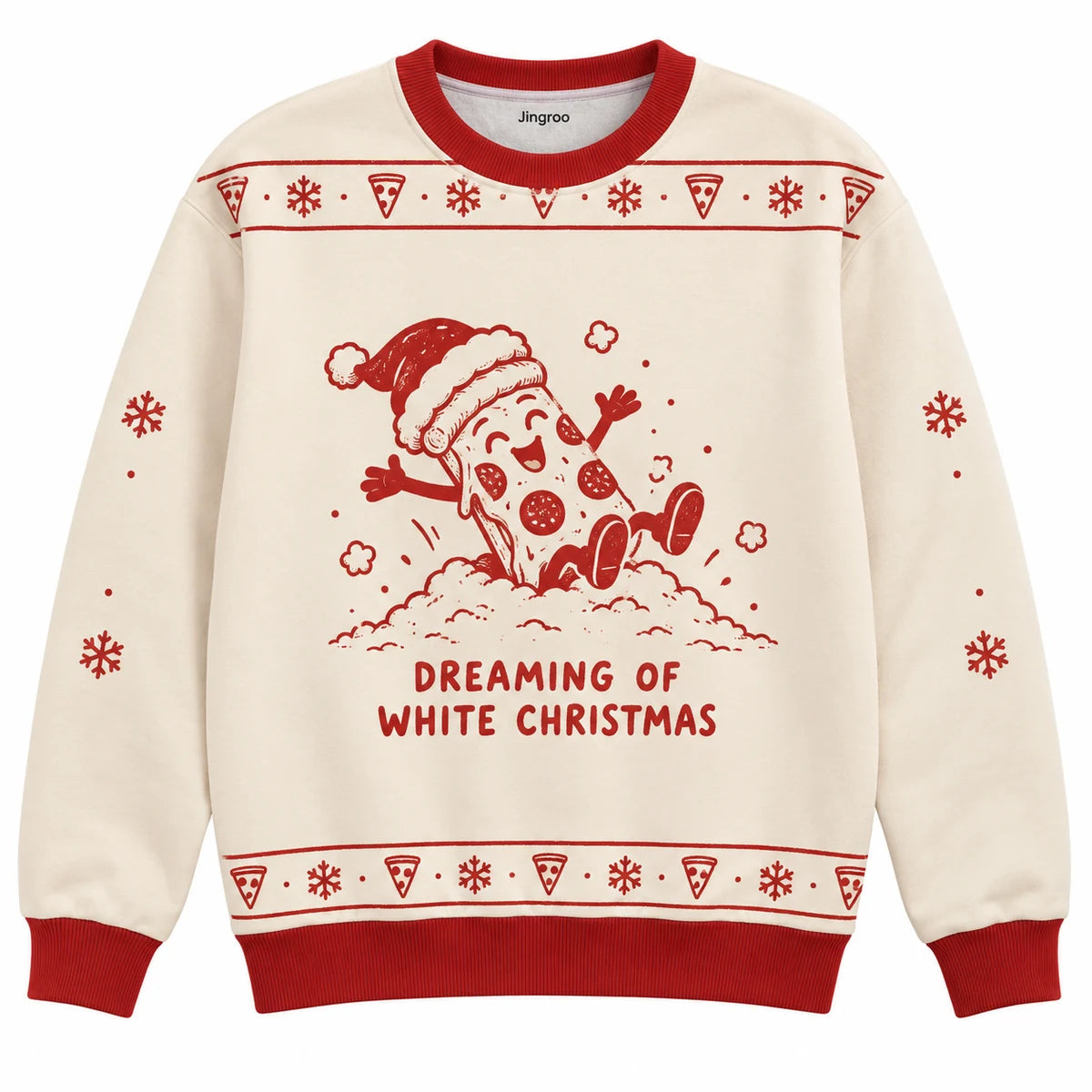 Dreaming of White Christmas Ugly Christmas Sweater - Christmas Jumper (front): pizza slice in Santa hat falls into flour snow