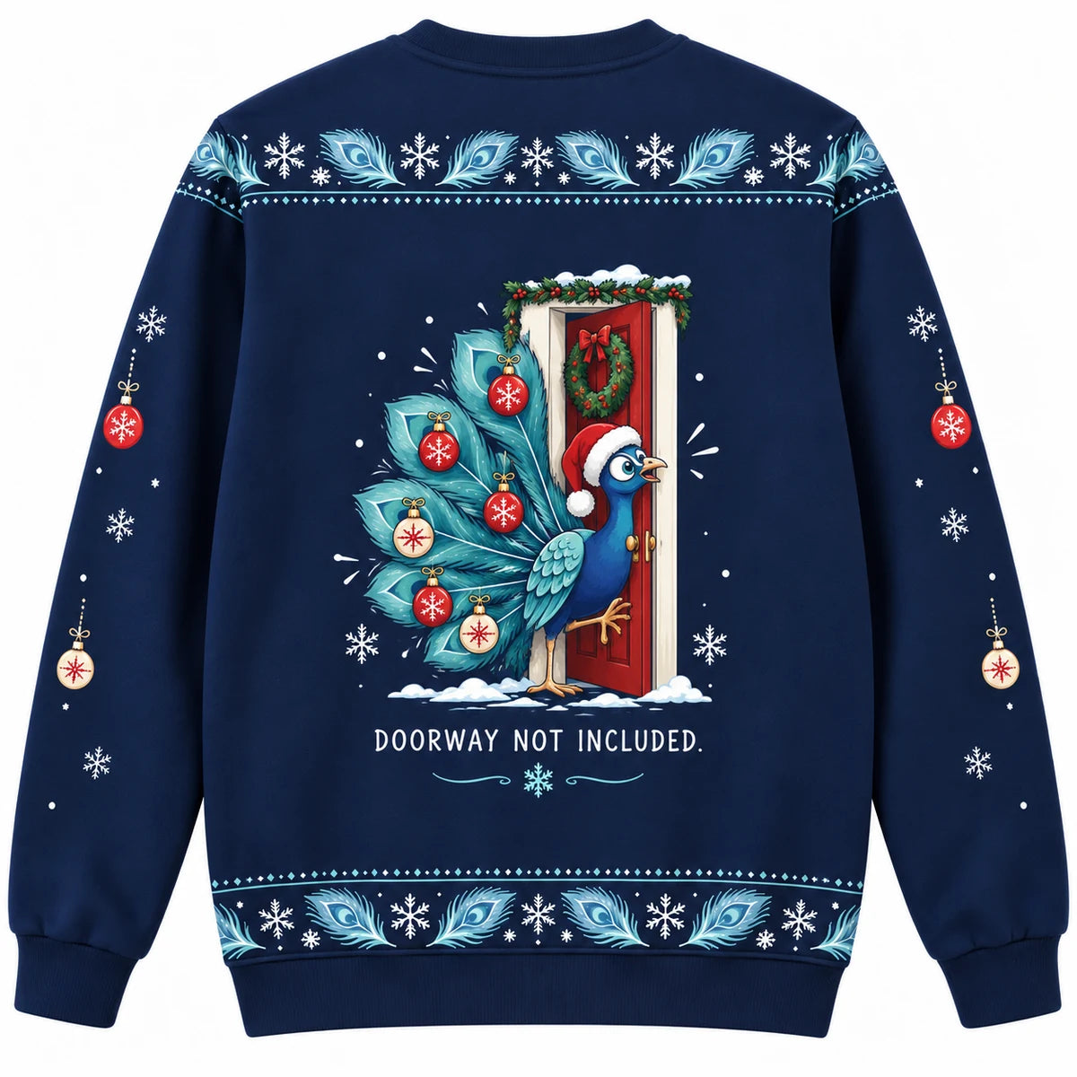 Dressed for the Party Ugly Christmas Sweater - Christmas Jumper (back): peacock struggles through narrow door