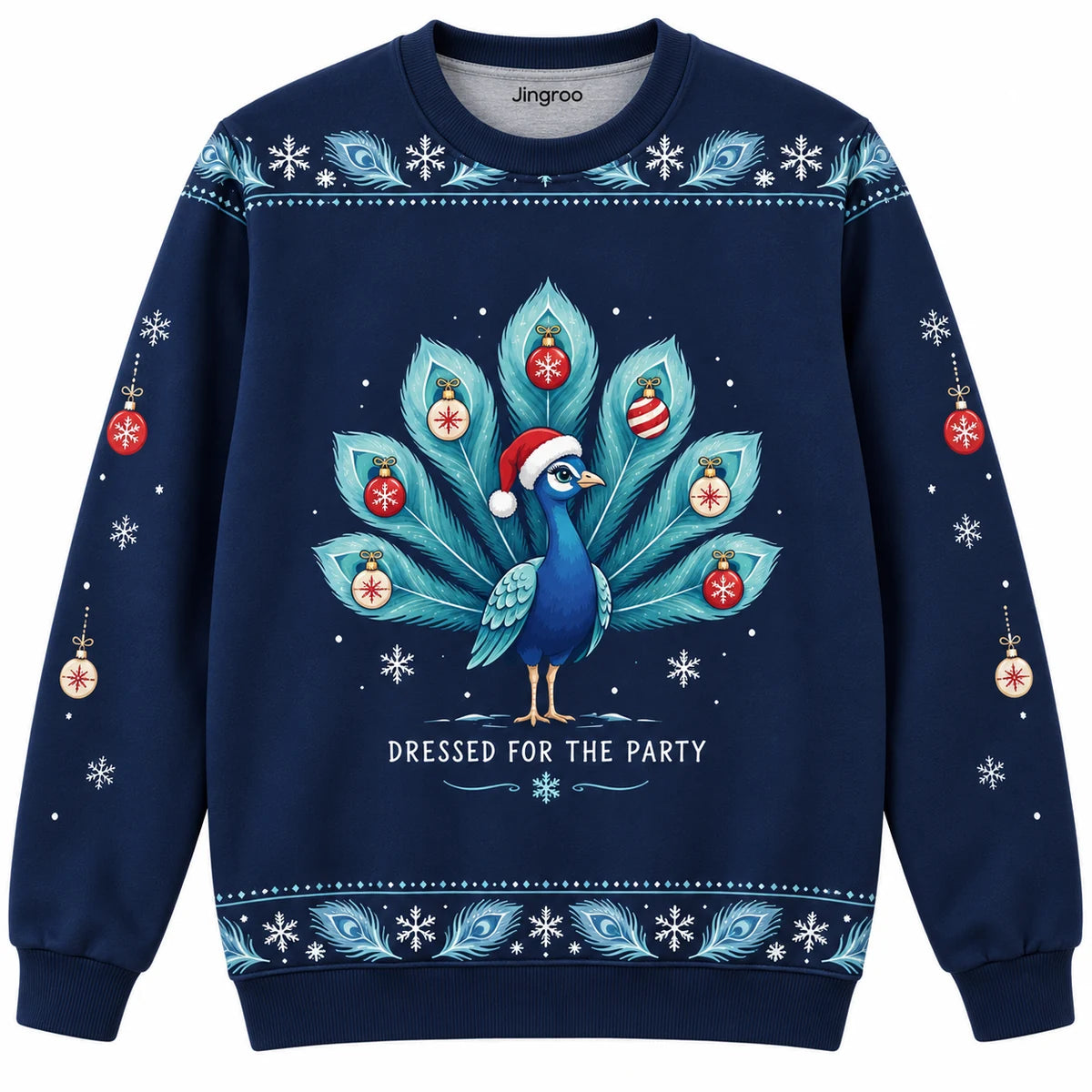 Dressed for the Party Ugly Christmas Sweater - Christmas Jumper (front): peacock uses tail as festive bauble display