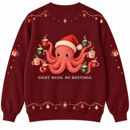 Eight Arms One Deadline Ugly Christmas Sweater - Christmas Jumper (back): octopus holds eight out-of-office mugs