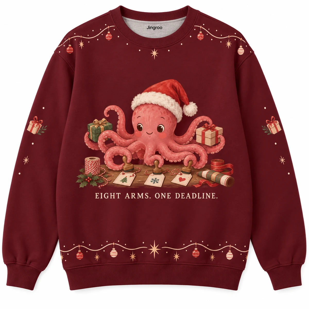 Eight Arms One Deadline Ugly Christmas Sweater - Christmas Jumper (front): octopus Santa stamps many gift tags with tentacles