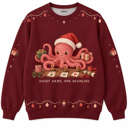 Eight Arms One Deadline Ugly Christmas Sweater - Christmas Jumper (front): octopus Santa stamps many gift tags with tentacles