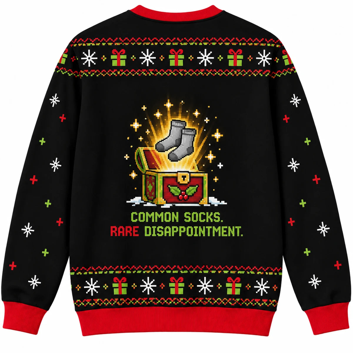 Epic Holiday Loot Ugly Christmas Sweater - Christmas Jumper (back): chest reveals boring gray socks under legendary light beam