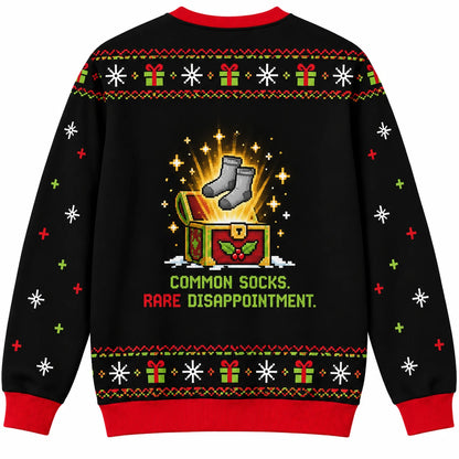 Epic Holiday Loot Ugly Christmas Sweater - Christmas Jumper (back): chest reveals boring gray socks under legendary light beam