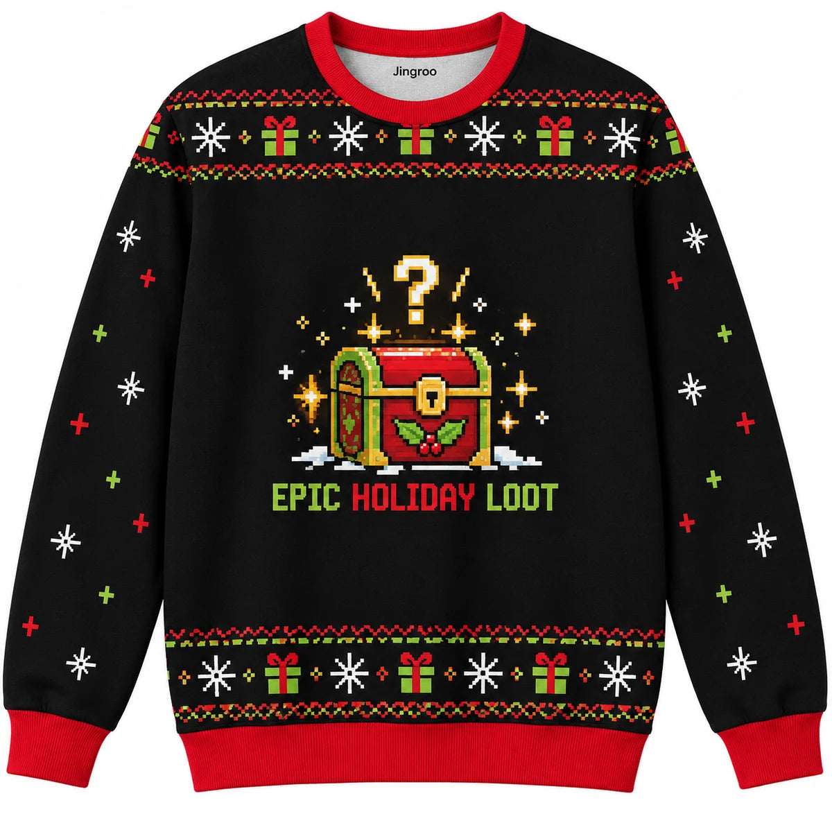 Epic Holiday Loot Ugly Christmas Sweater - Christmas Jumper (front): pixel treasure chest sparkles with mystery reward