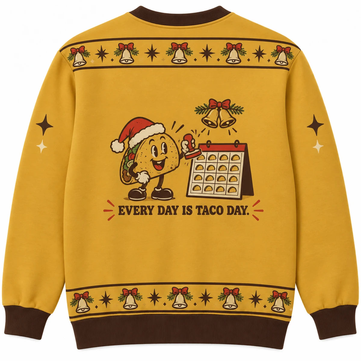 Every Day Is Taco Day Ugly Christmas Sweater - Christmas Jumper (back): taco replaces every calendar date with tiny taco icons