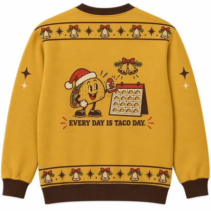 Every Day Is Taco Day Ugly Christmas Sweater - Christmas Jumper (back): taco replaces every calendar date with tiny taco icons