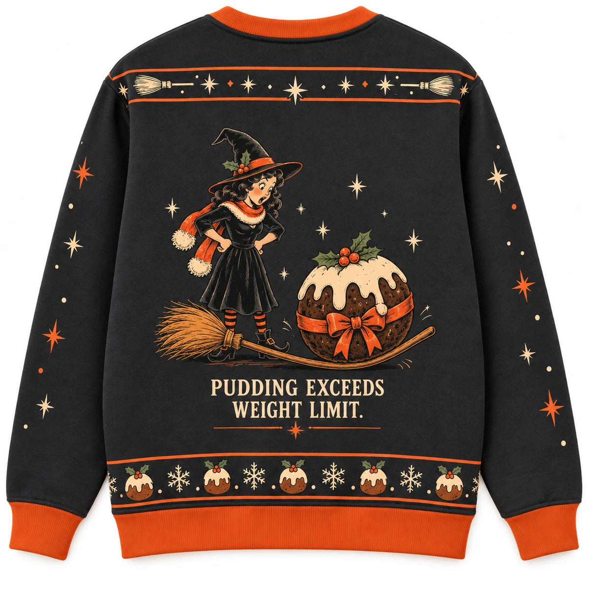 Express Broom Service Ugly Christmas Sweater - Christmas Jumper (back): broom bends under giant pudding cargo