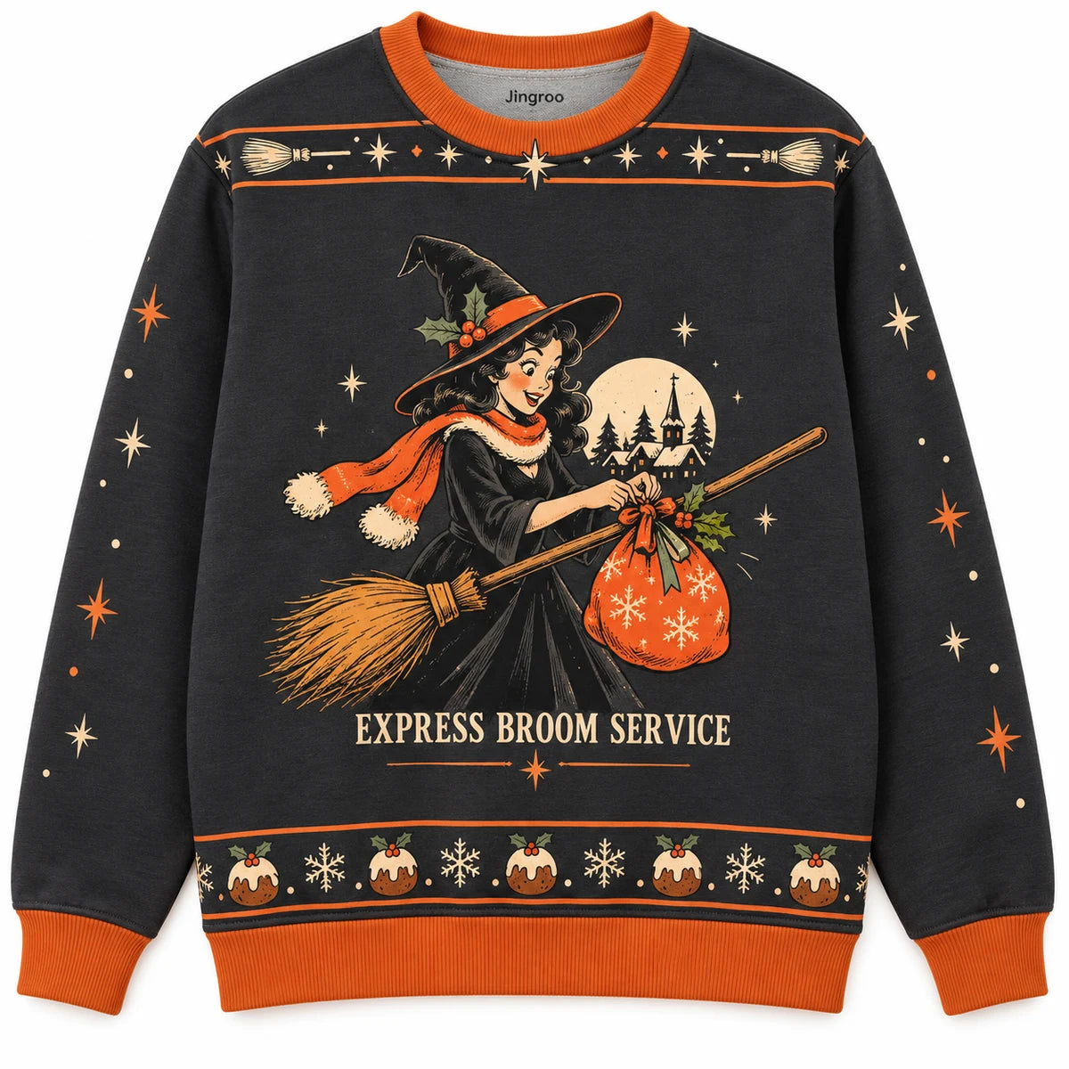 Express Broom Service Ugly Christmas Sweater - Christmas Jumper (front): witch in Santa scarf attaches gift sack to broom