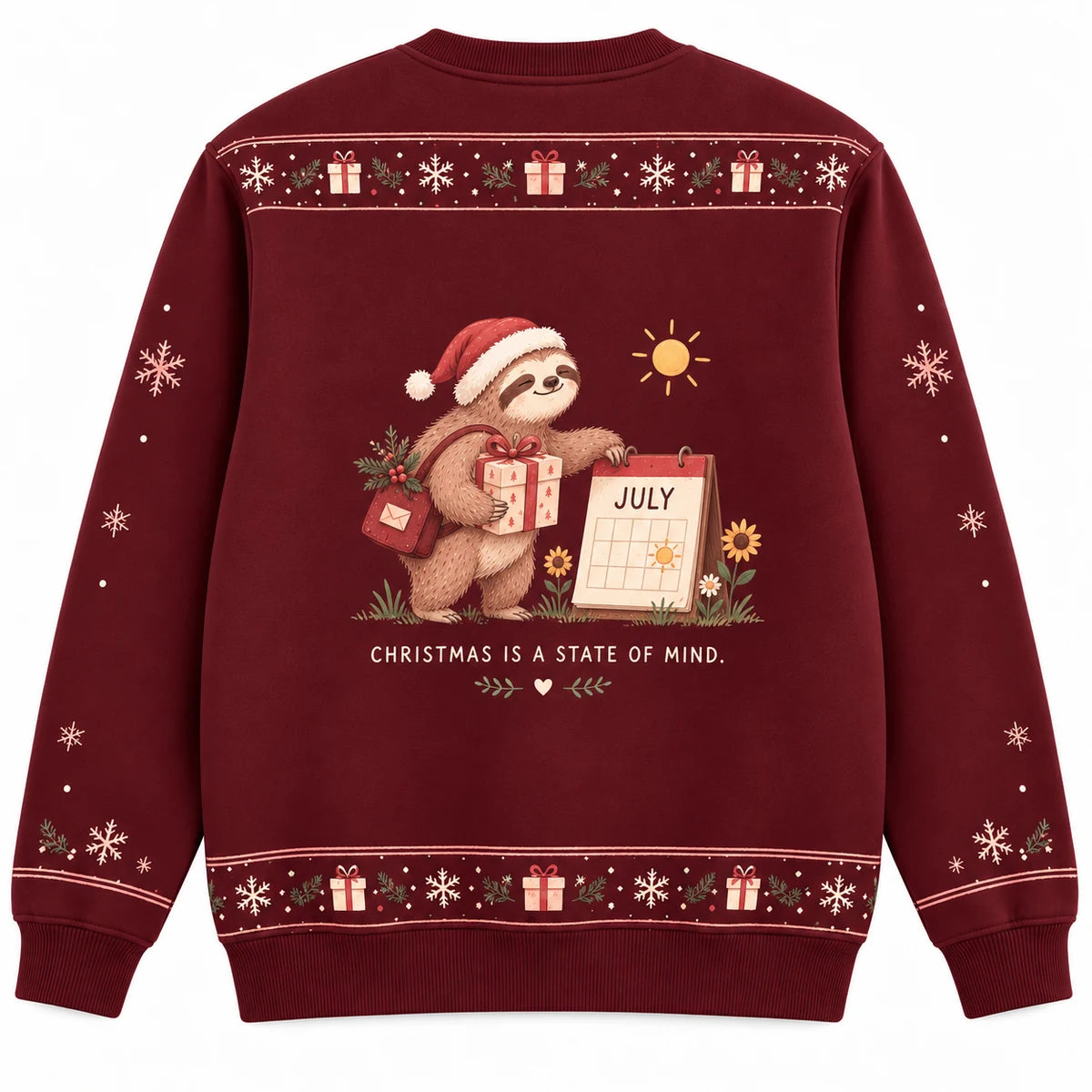 Express Delivery Ugly Christmas Sweater - Christmas Jumper (back): sloth arrives beside calendar showing JULY