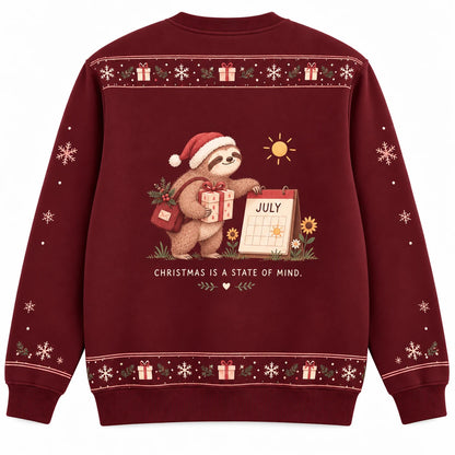 Express Delivery Ugly Christmas Sweater - Christmas Jumper (back): sloth arrives beside calendar showing JULY
