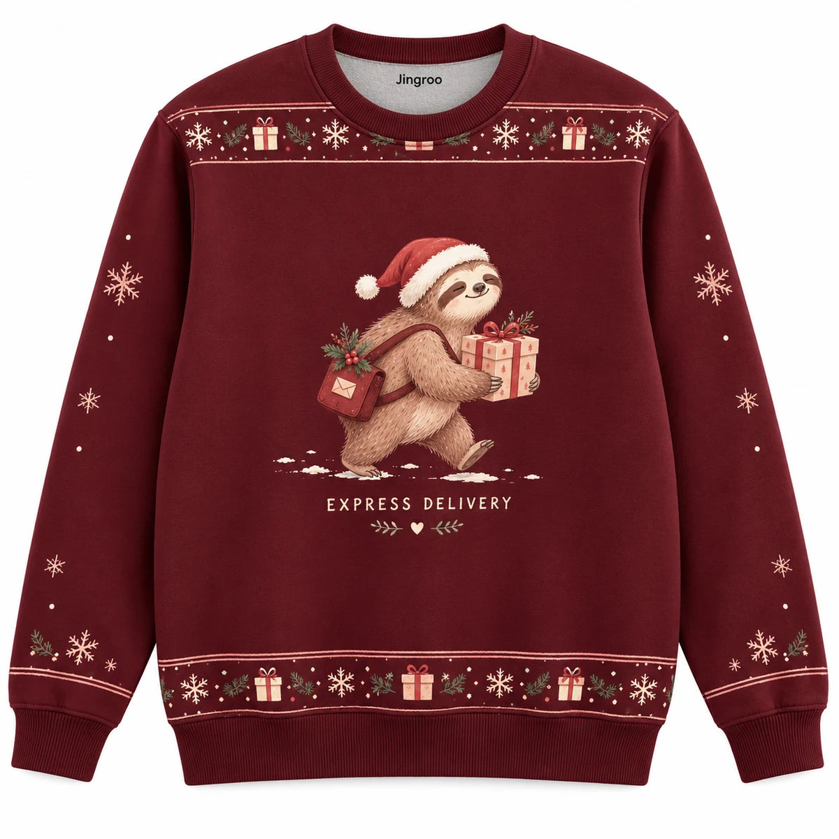 Express Delivery Ugly Christmas Sweater - Christmas Jumper (front): sloth Santa slowly carries one gift