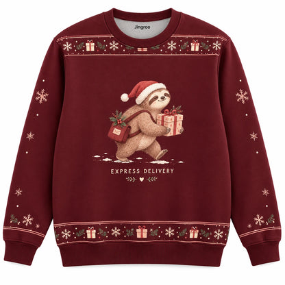 Express Delivery Ugly Christmas Sweater - Christmas Jumper (front): sloth Santa slowly carries one gift