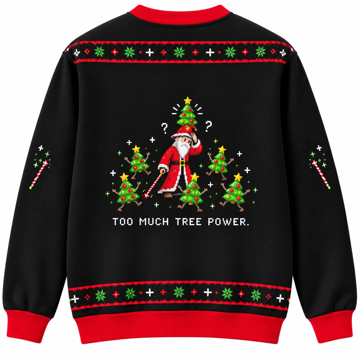 Festive Spellcaster Ugly Christmas Sweater - Christmas Jumper (back): hat sprouts too many trees around puzzled wizard