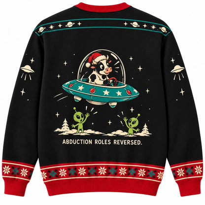 Finally My Own Ride Ugly Christmas Sweater - Christmas Jumper (back): cow drives tiny UFO while aliens wave from ground