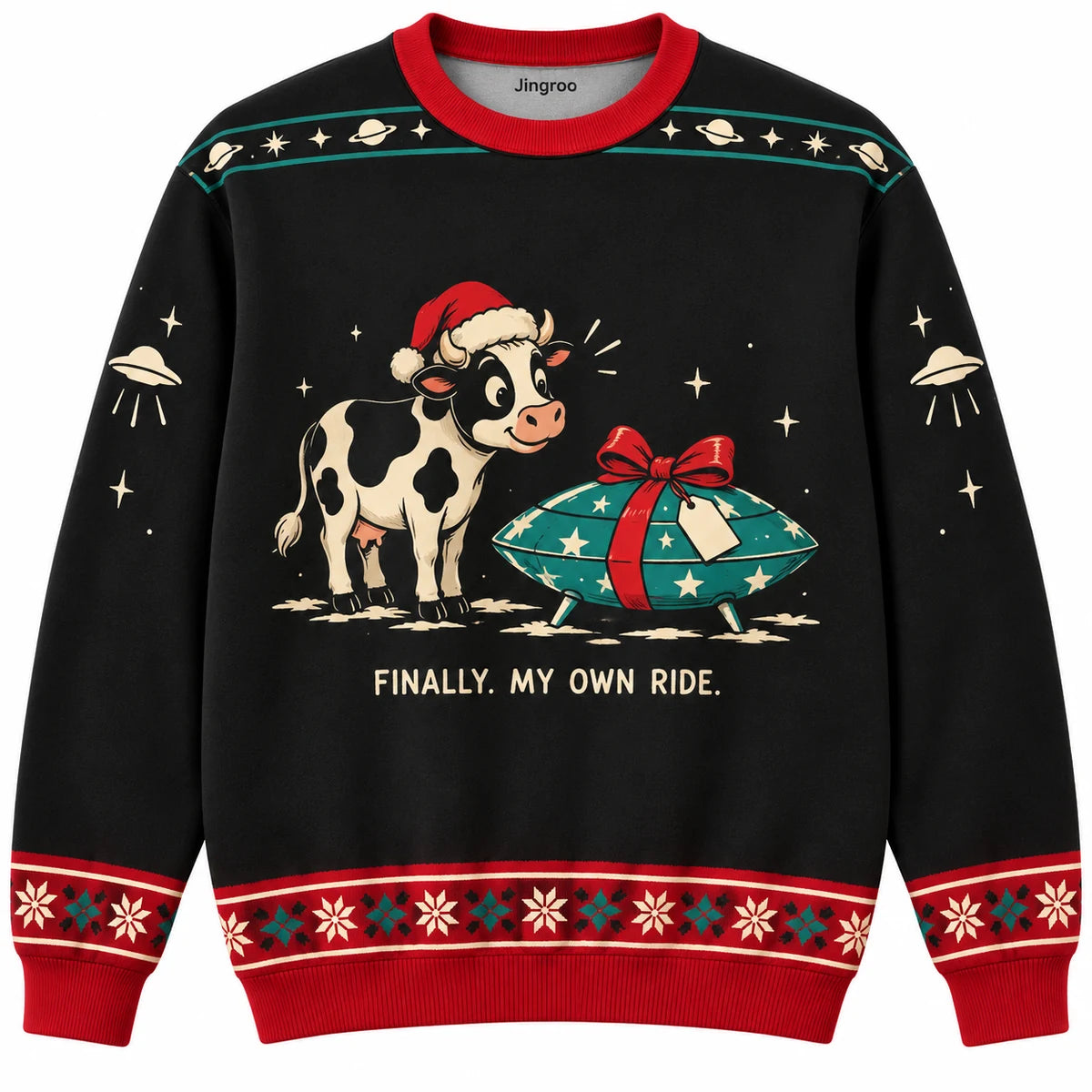 Finally My Own Ride Ugly Christmas Sweater - Christmas Jumper (front): cow in Santa hat looks at UFO-shaped wrapped gift