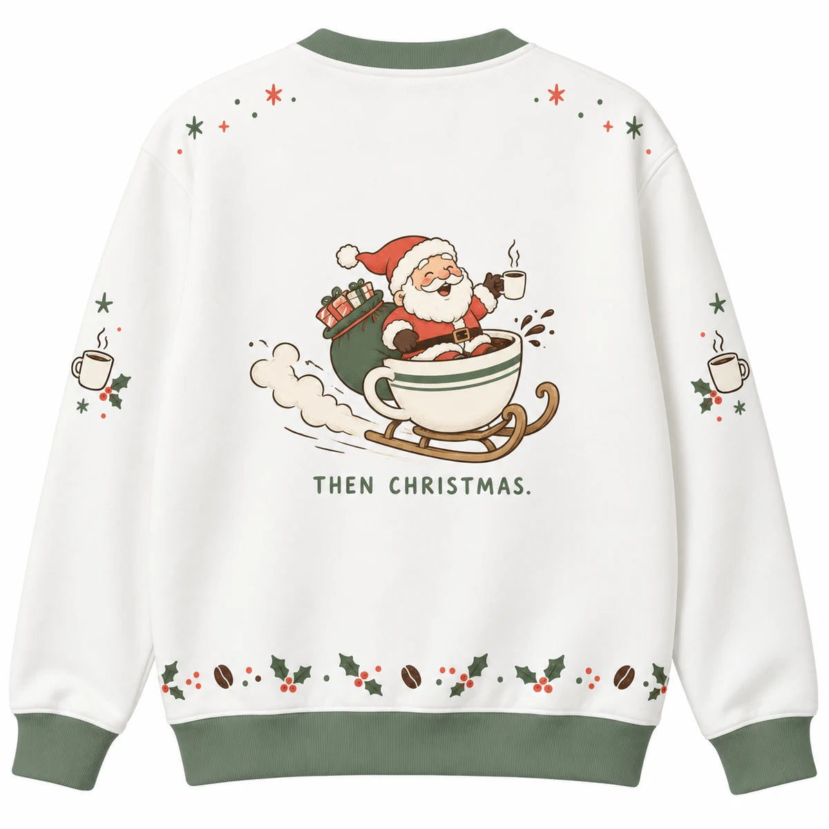 First Coffee Ugly Christmas Sweater - Christmas Jumper (back): Santa flies on giant espresso cup