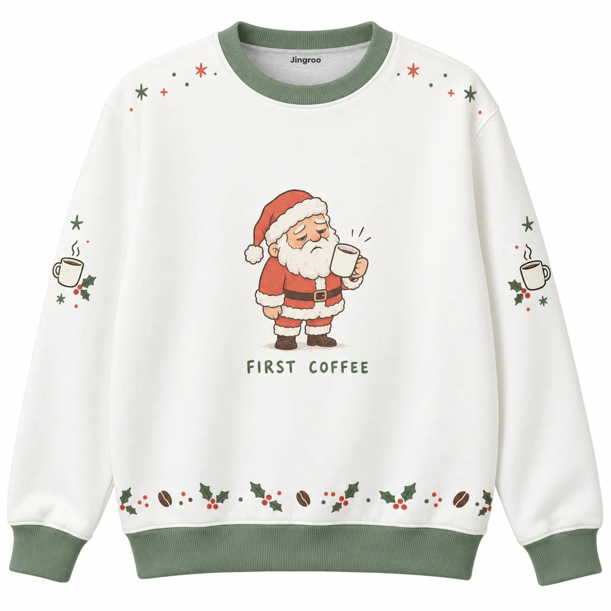 First Coffee Ugly Christmas Sweater - Christmas Jumper (front): sleepy Santa stares into empty mug