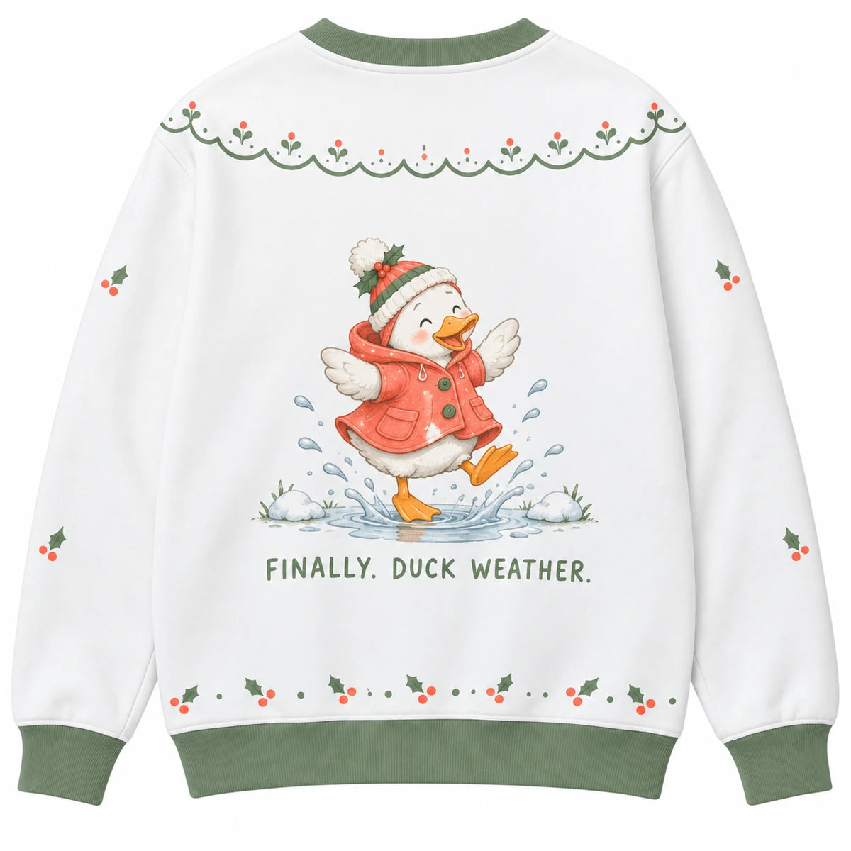 Forecast: Festive Ugly Christmas Sweater - Christmas Jumper (back): duck splashes melted snow in puddle happily
