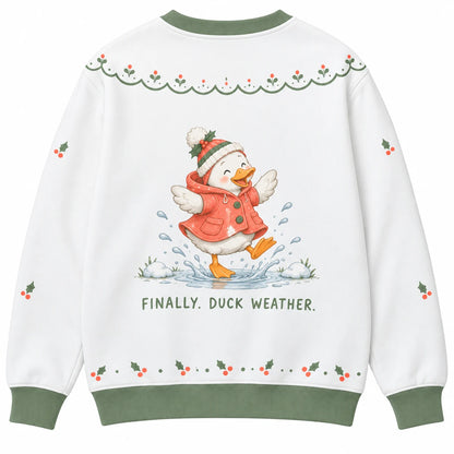 Forecast: Festive Ugly Christmas Sweater - Christmas Jumper (back): duck splashes melted snow in puddle happily