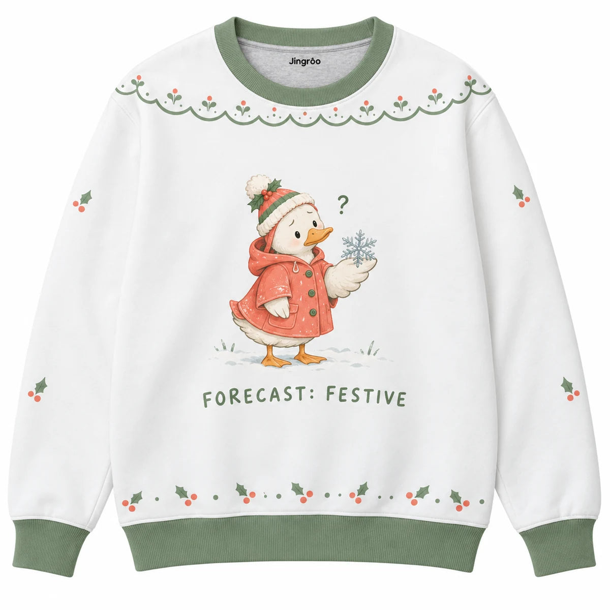 Forecast: Festive Ugly Christmas Sweater - Christmas Jumper (front): duck in holiday raincoat inspects snowflake