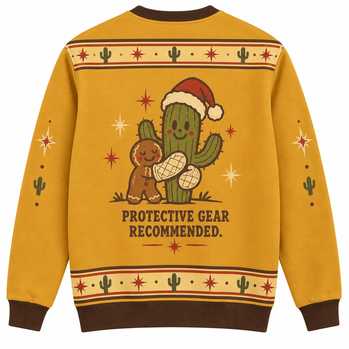Free Holiday Hugs Ugly Christmas Sweater - Christmas Jumper (back): cactus hugs padded oven mitt happily