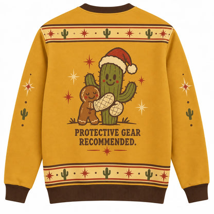 Free Holiday Hugs Ugly Christmas Sweater - Christmas Jumper (back): cactus hugs padded oven mitt happily