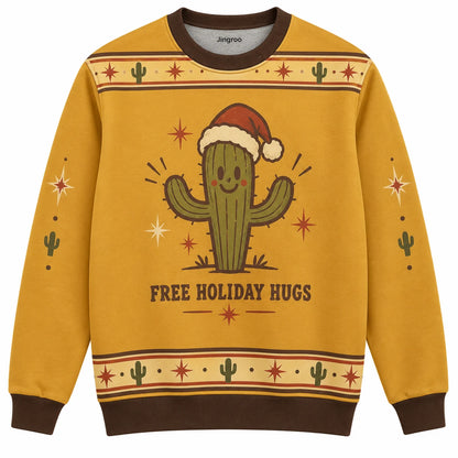 Free Holiday Hugs Ugly Christmas Sweater - Christmas Jumper (front): cactus with Santa hat opens arms for hug