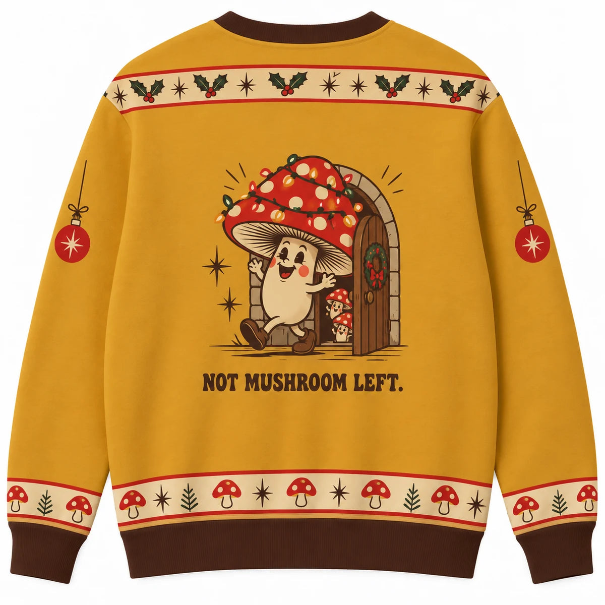 Fun Guy at the Party Ugly Christmas Sweater - Christmas Jumper (back): mushroom cannot fit through tiny party doorway