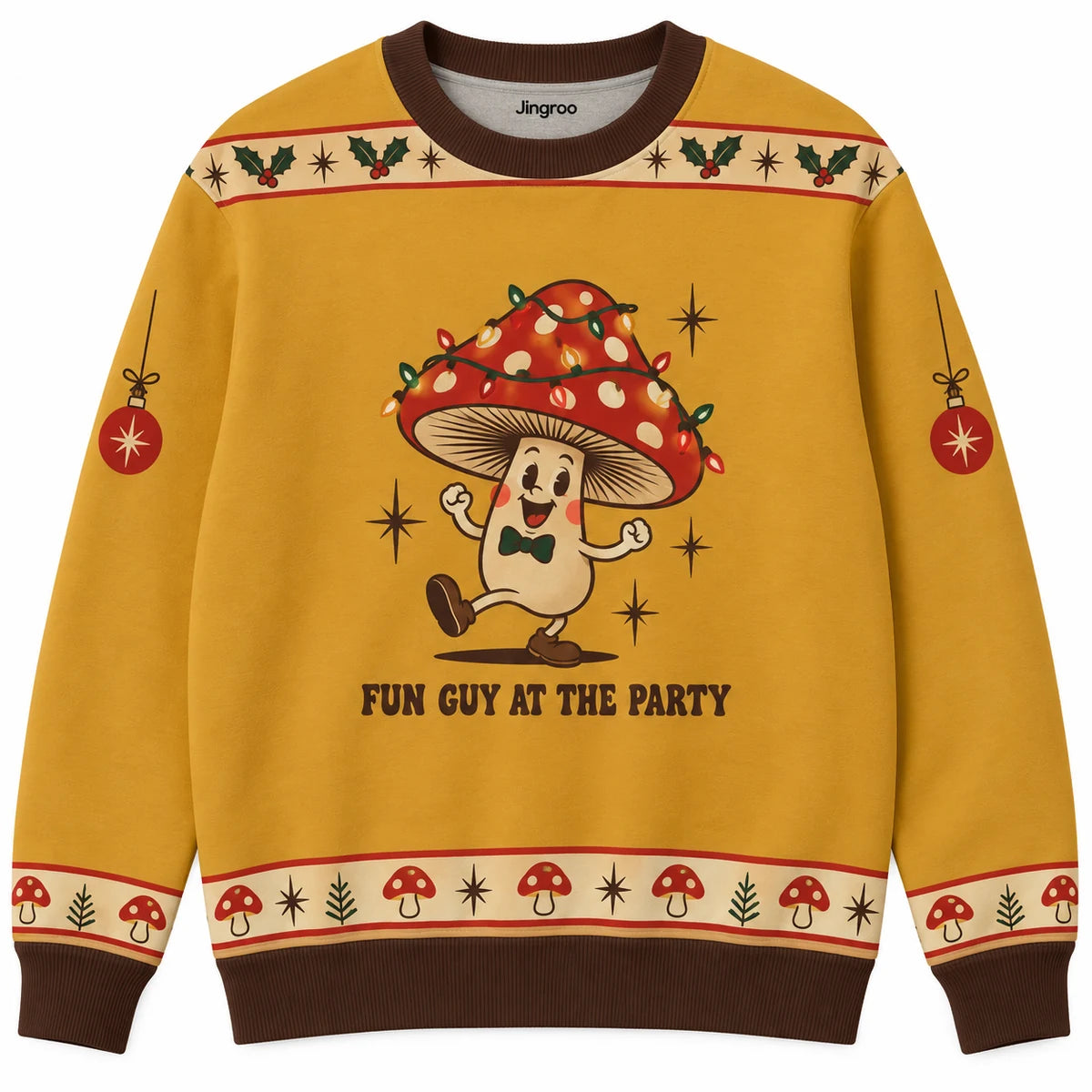 Fun Guy at the Party Ugly Christmas Sweater - Christmas Jumper (front): red mushroom cap decorated with tiny lights