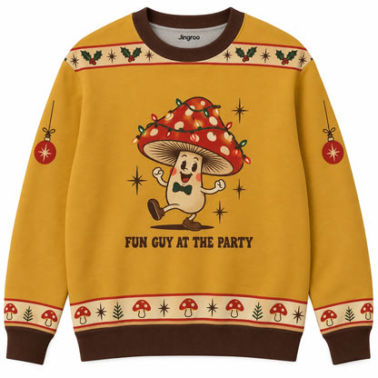 Fun Guy at the Party Ugly Christmas Sweater - Christmas Jumper (front): red mushroom cap decorated with tiny lights