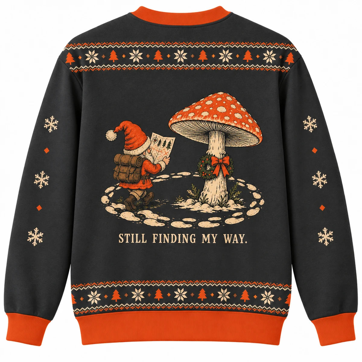 Gnome for the Holidays Ugly Christmas Sweater - Christmas Jumper (back): gnome walks around same mushroom leaving circular tracks