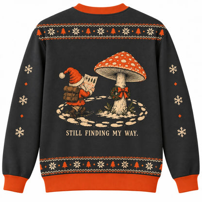 Gnome for the Holidays Ugly Christmas Sweater - Christmas Jumper (back): gnome walks around same mushroom leaving circular tracks