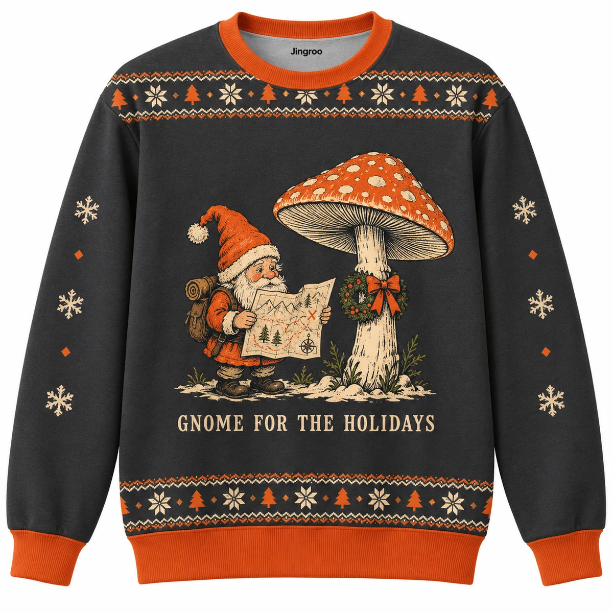 Gnome for the Holidays Ugly Christmas Sweater - Christmas Jumper (front): gnome studies tiny map beside giant mushroom