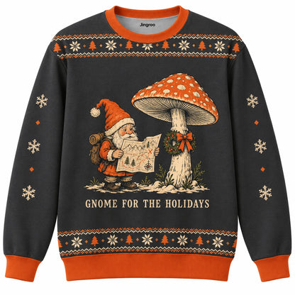 Gnome for the Holidays Ugly Christmas Sweater - Christmas Jumper (front): gnome studies tiny map beside giant mushroom