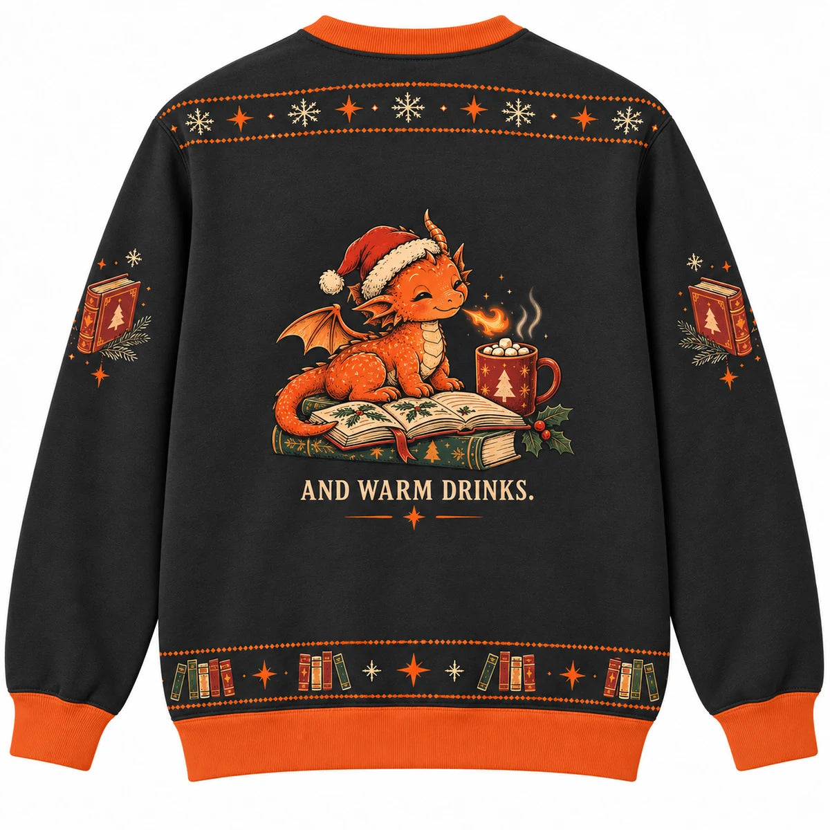 Hoarding Happy Endings Ugly Christmas Sweater - Christmas Jumper (back): dragon gently warms cocoa with tiny flame