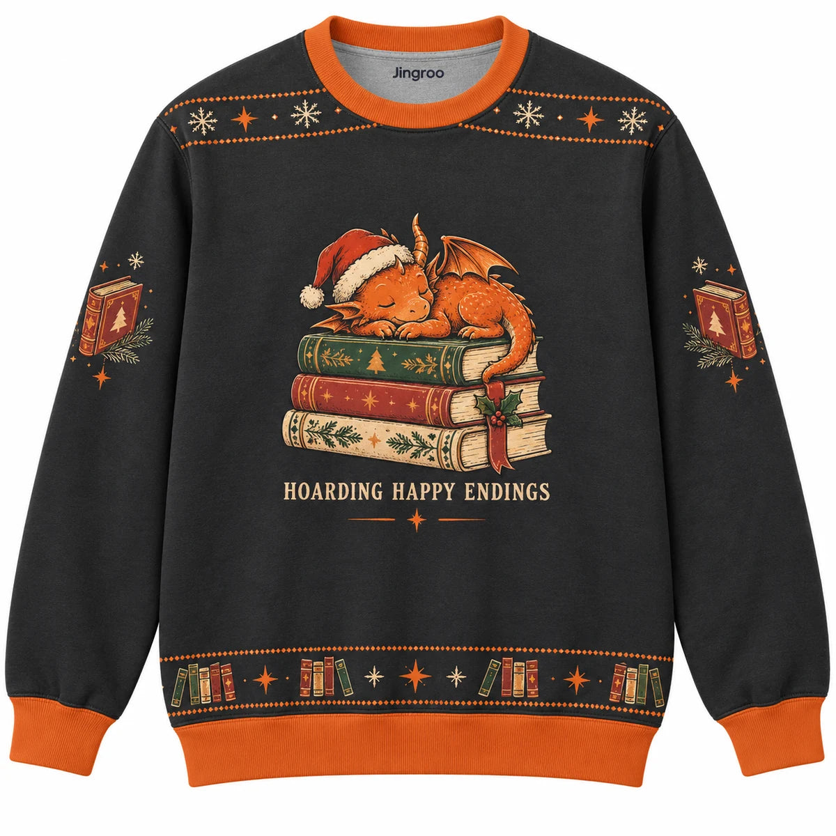 Hoarding Happy Endings Ugly Christmas Sweater - Christmas Jumper (front): tiny dragon sleeps on stack of festive books