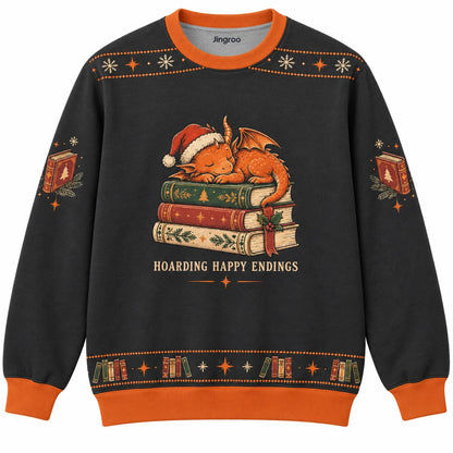 Hoarding Happy Endings Ugly Christmas Sweater - Christmas Jumper (front): tiny dragon sleeps on stack of festive books