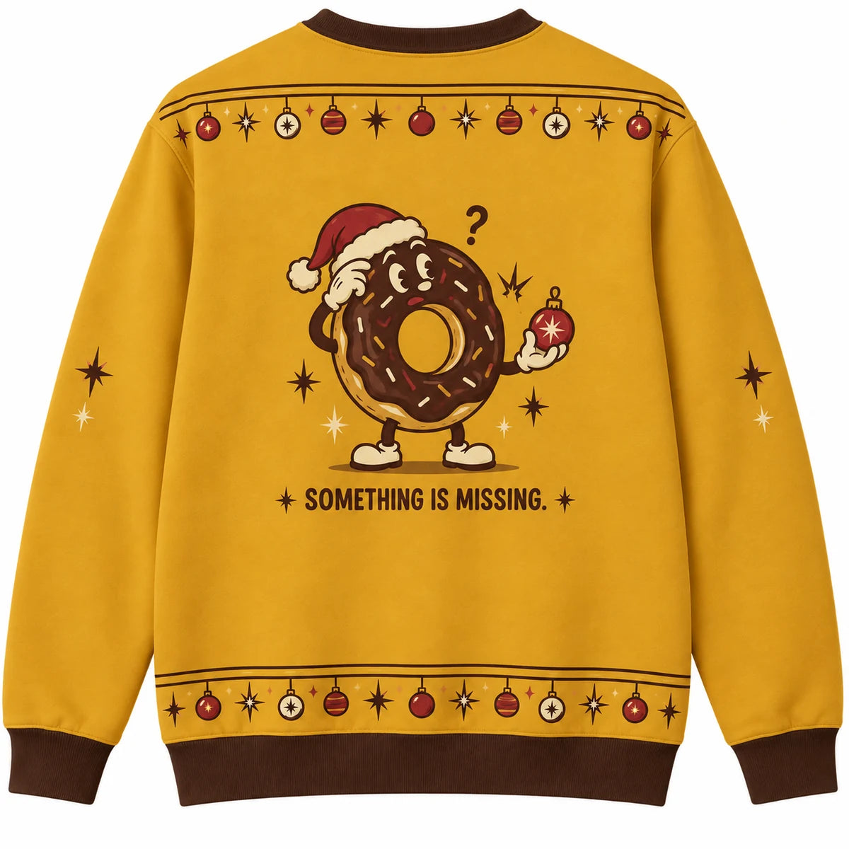 Hole Lot of Cheer Ugly Christmas Sweater - Christmas Jumper (back): donut peers through empty hole holding missing ornament