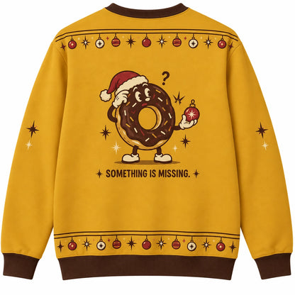 Hole Lot of Cheer Ugly Christmas Sweater - Christmas Jumper (back): donut peers through empty hole holding missing ornament