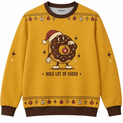 Hole Lot of Cheer Ugly Christmas Sweater - Christmas Jumper (front): donut puts tiny bauble in center hole