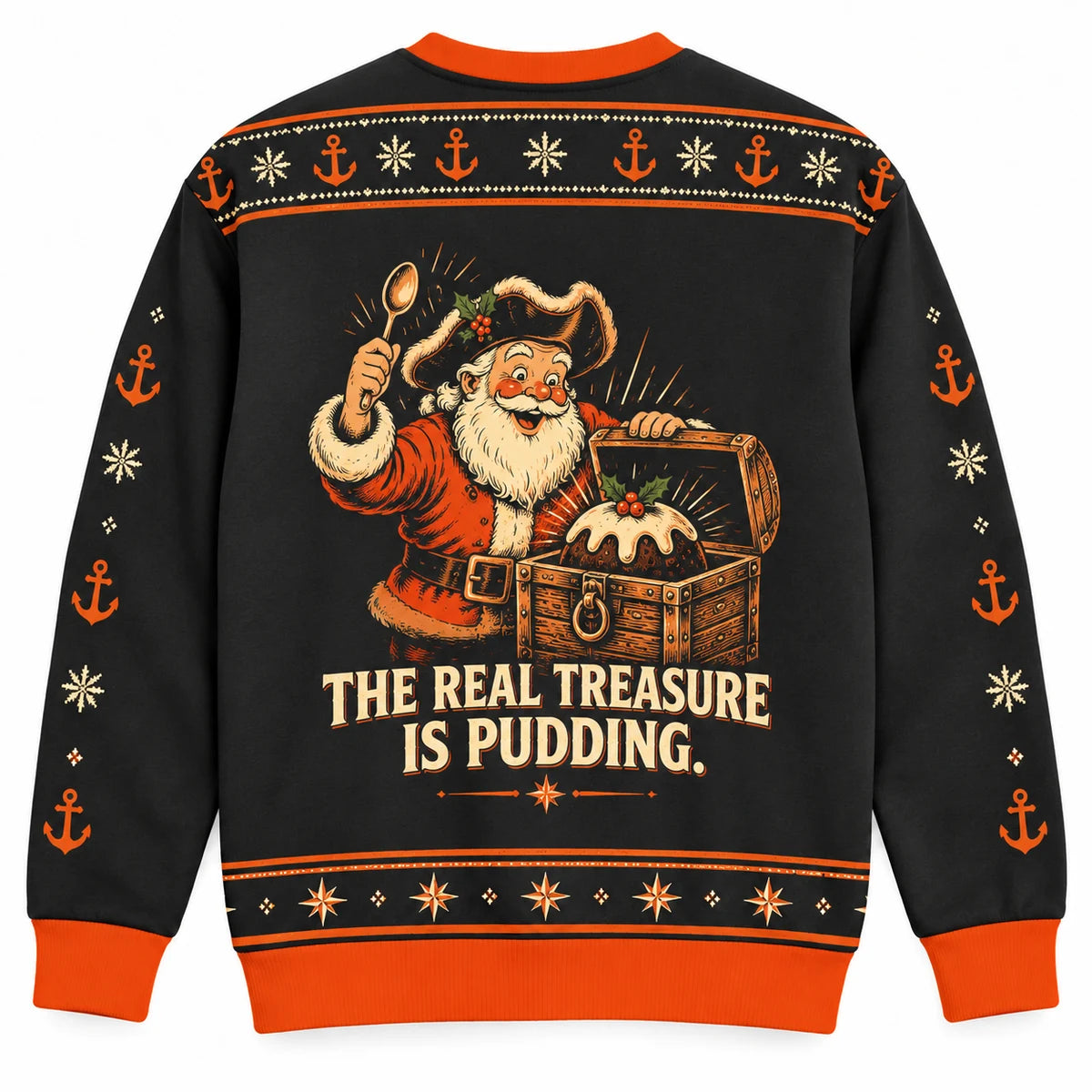 Holiday Booty Ugly Christmas Sweater - Christmas Jumper (back): treasure chest contains pudding and pirate cheers