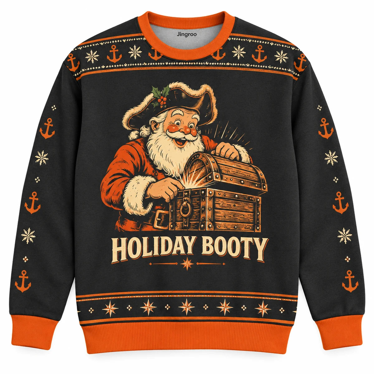 Holiday Booty Ugly Christmas Sweater - Christmas Jumper (front): friendly pirate Santa opens treasure chest