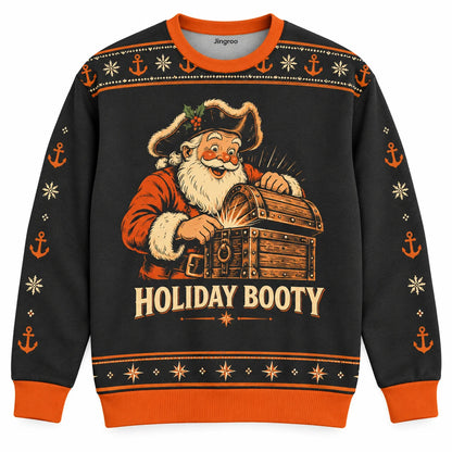 Holiday Booty Ugly Christmas Sweater - Christmas Jumper (front): friendly pirate Santa opens treasure chest