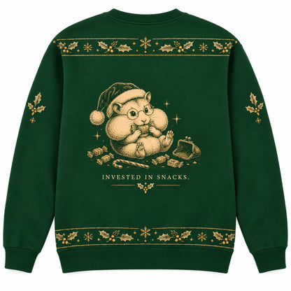 Holiday Budget Planner Ugly Christmas Sweater - Christmas Jumper (back): hamster fills cheeks with candy instead of saving coins