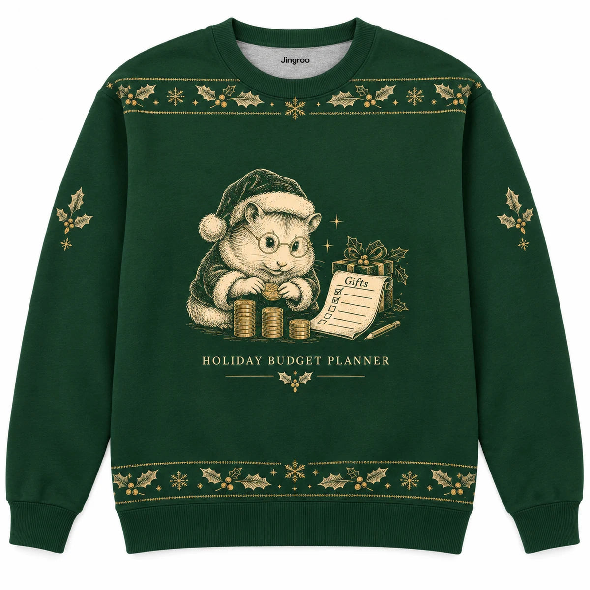 Holiday Budget Planner Ugly Christmas Sweater - Christmas Jumper (front): hamster counts tiny coins beside gift list