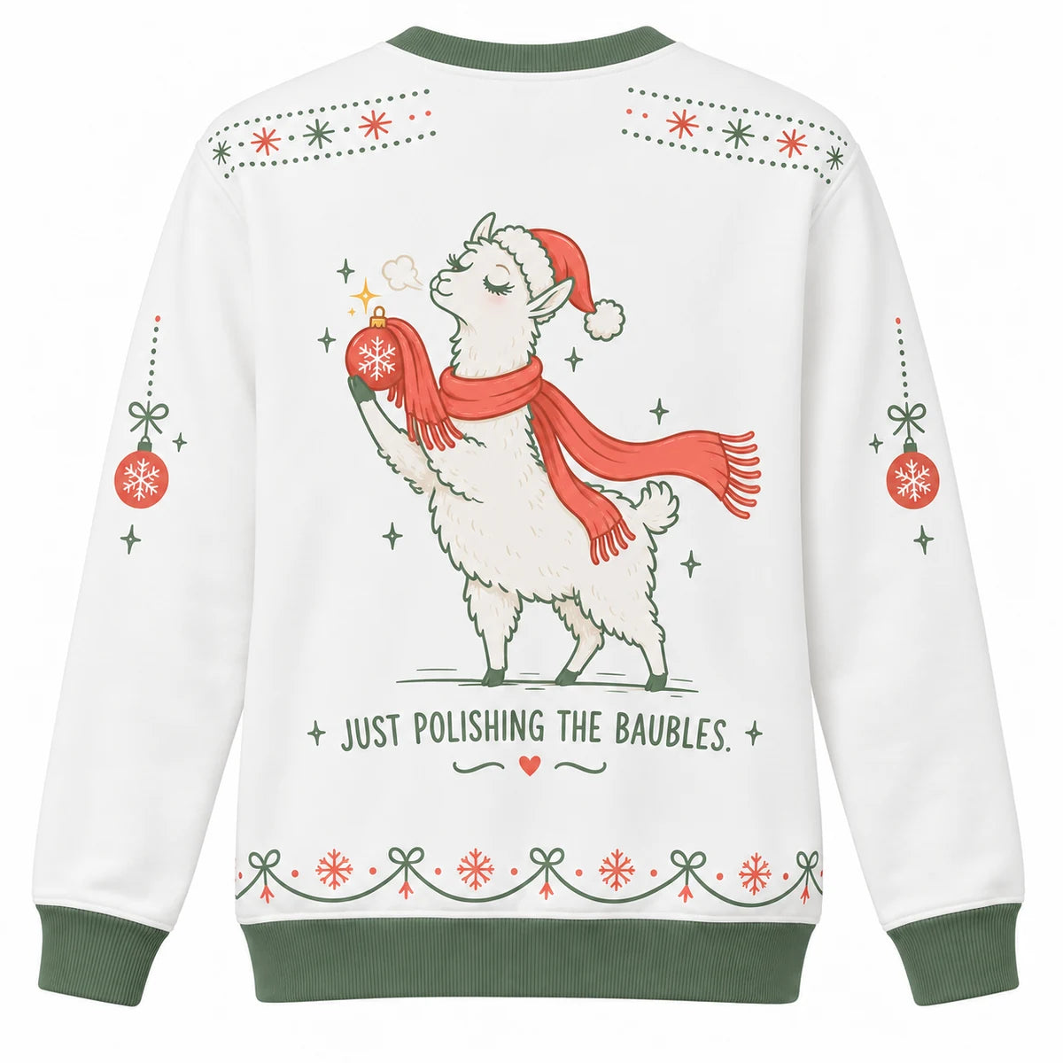 Holiday Drama Club Ugly Christmas Sweater - Christmas Jumper (back): llama spits mist only to polish ornament